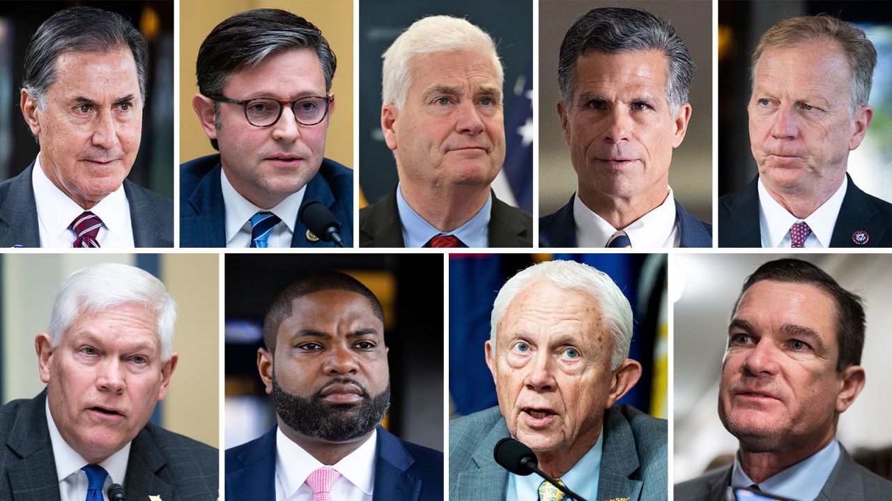 Top row, from left: Republican representatives Gary Palmer, Mike Johnson, Tom Emmer, Dan Meuser and Kevin Hern. Bottom row, from left: Pete Sessions, Byron Donalds, Jack Bergman and Austin Scott.  