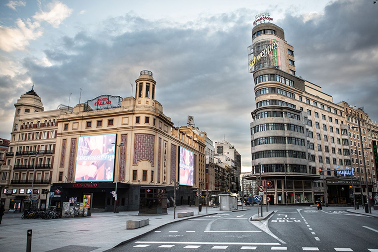 Madrid's Gran Via street is seen empty of pedestrians on Thursday, April 16.