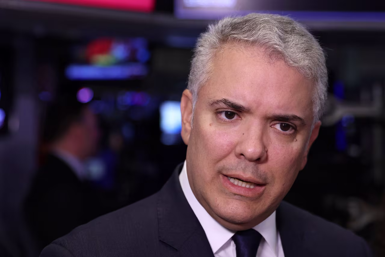 Colombian President Iván Duque speaks to media ahead of the closing bell ceremony at the New York Stock Exchange in Manhattan on April 11. 