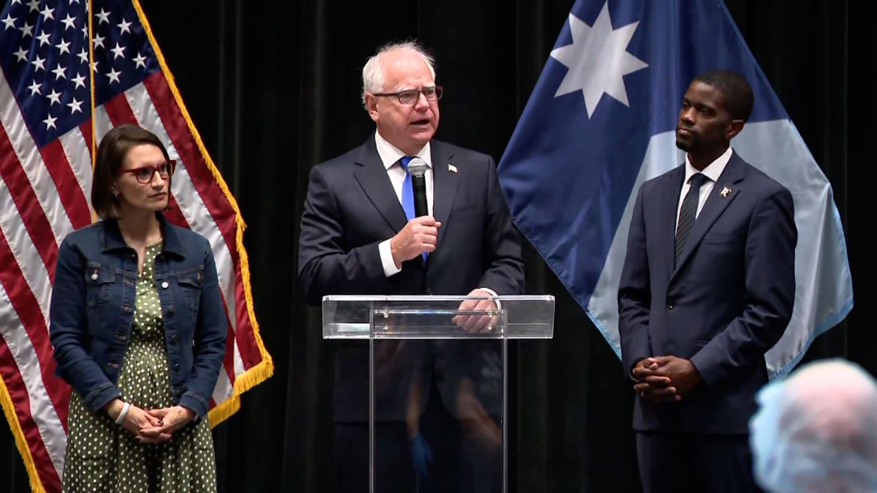 Minnesota Gov. Tim Walz speaks during a day?of?service commemorating the September 11, 2001 terrorist attacks in St. Paul, Minnesota on Wednesday.