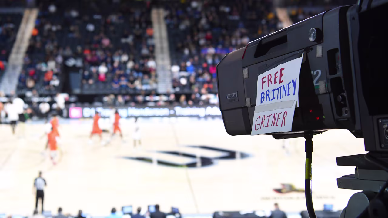 A sign reading "Free Brittney Griner" is seen on a television camera during the championship game of the Big West Conference at Dollar Loan Center on March 12, in Henderson, Nevada. 