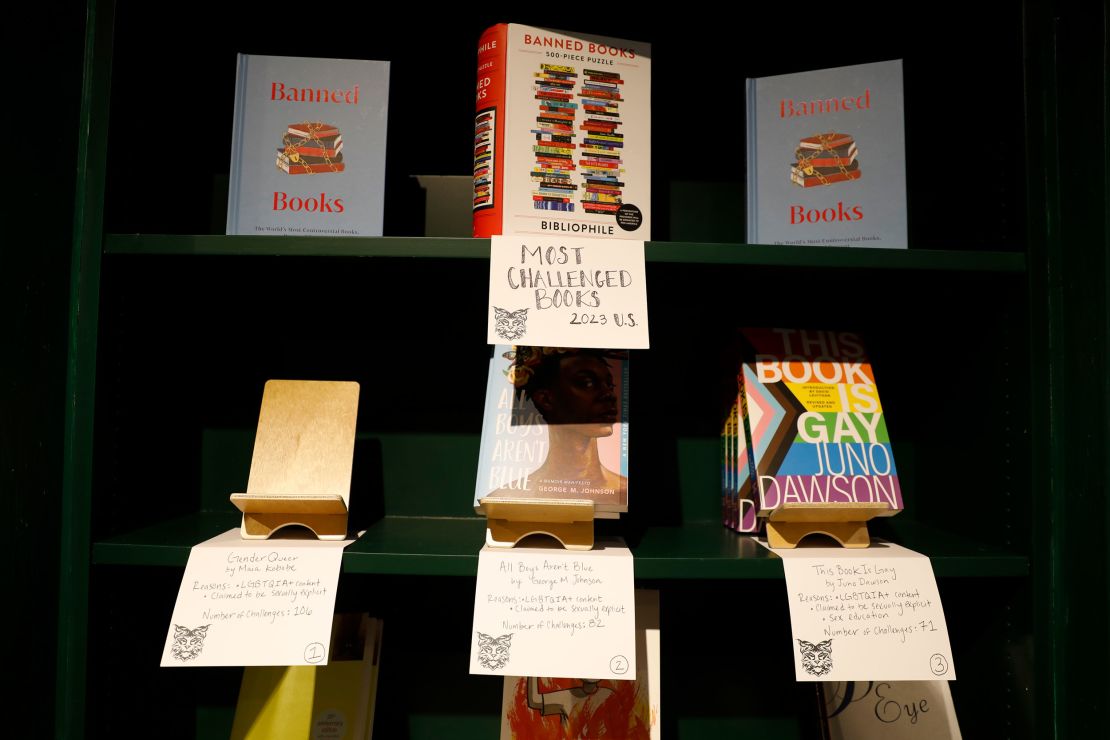 The top 10 banned books in the US are shelved in numerical order at the Lynx. The most frequently banned book, "Gender Queer," sold out on opening day.