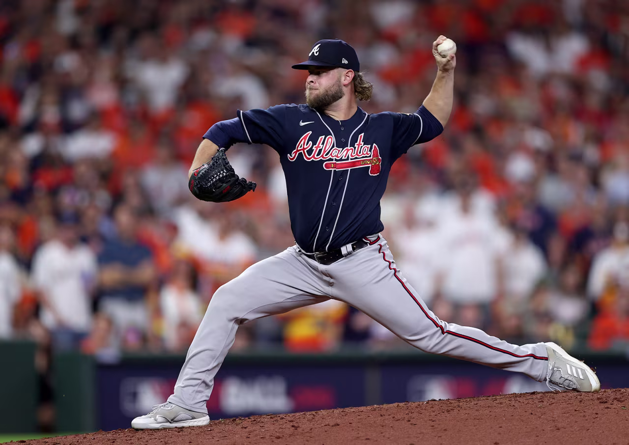 A.J. Minter of the Atlanta Braves delivers the pitch against the Houston Astros during the third inning.