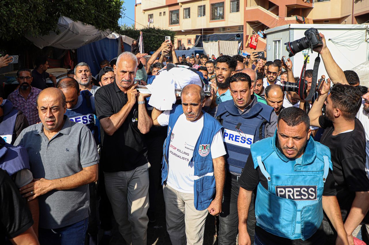 Palestinian journalists attend a funeral of Palestine TV correspondent Muhammad Abu Hatab in Khan Younis, Gaza, on November 3.