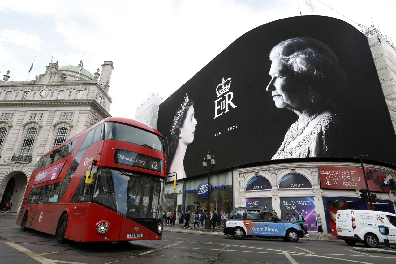 A tribute on the large screen for the late Queen Elizabeth II at Piccadilly Circus on September 9, 2022 in London.