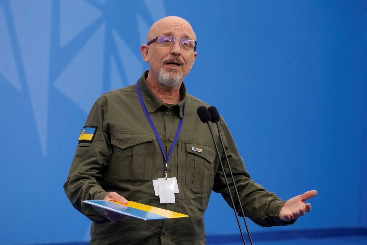 Ukrainian Defense Minister Oleksii Reznikov addresses the media in Vilnius, Lithuania, on Tuesday.