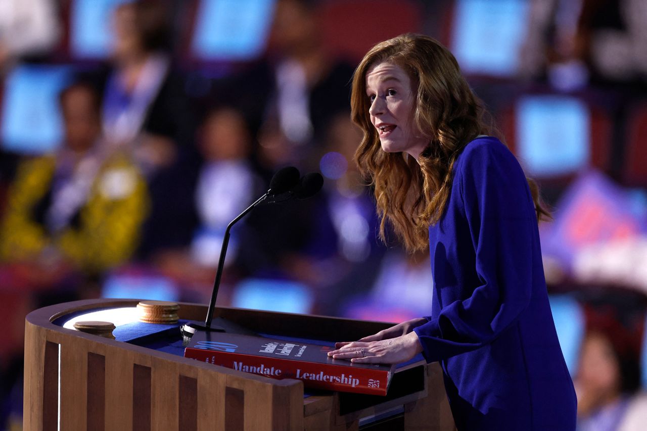 Michigan State Senator Mallory McMorrow speaks on stage at the Democratic National Convention in Chicago on August 19. 