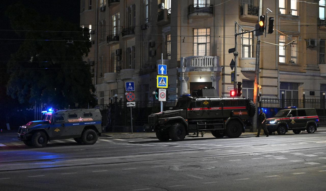 Armoured vehicles are seen on a street of the southern city of Rostov-on-Don, Russia, on June 24.