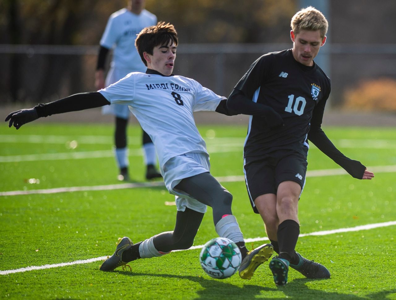 Middlebury's #8 Owen Palcsik and Stowe's #10 Jackson Seivwright battle for the ball during the Div. 2 Vermont boys soccer championship at South Burlington High School in Vermont on November 2, 2019. 