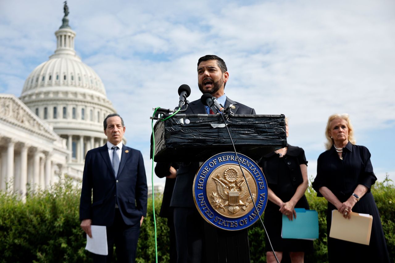 Rep. Raul Ruiz speaks at a press conference ahead of Dr. Fauci's testimony before the House Select Subcommittee on the coronavirus pandemic at the US Capitol on June 3 in Washington, DC.