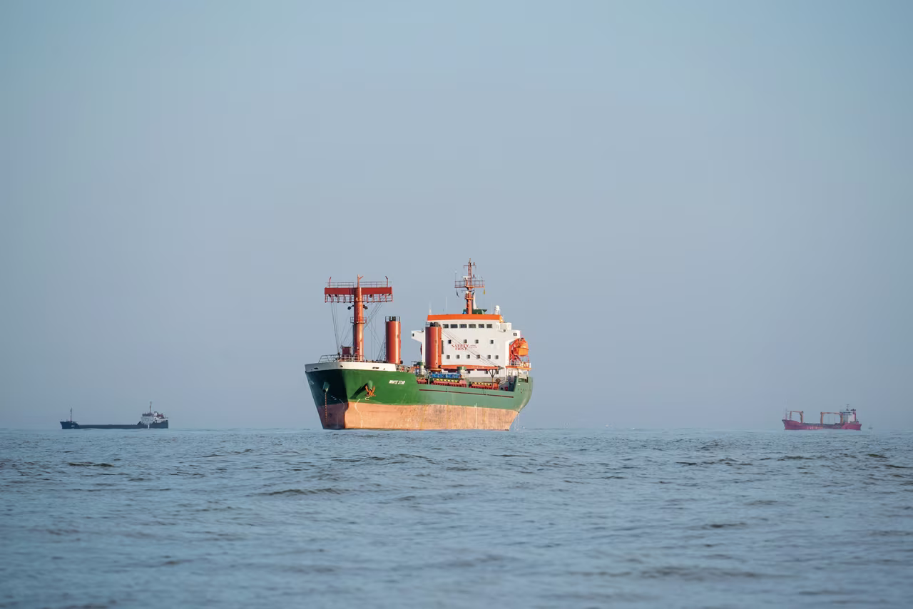 Stationary cargo ships and bulk carriers in the Black Sea wait to enter the Sulina Canal, a river channel that provides access to the Danube River, offshore from Sulina, Romania on June 4.