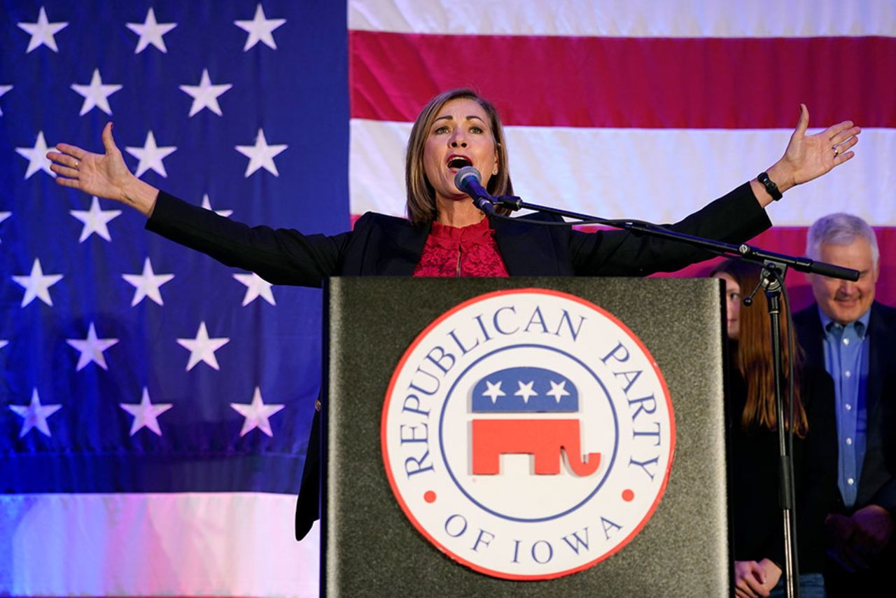 Reynolds speaks to supporters during a Republican Party of Iowa election night rally, Tuesday, November 8, in Des Moines, Iowa. 