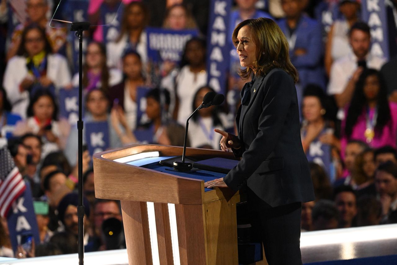 Vice President Kamala Harris speaks at the Democratic National Convention in Chicago on August 22. 