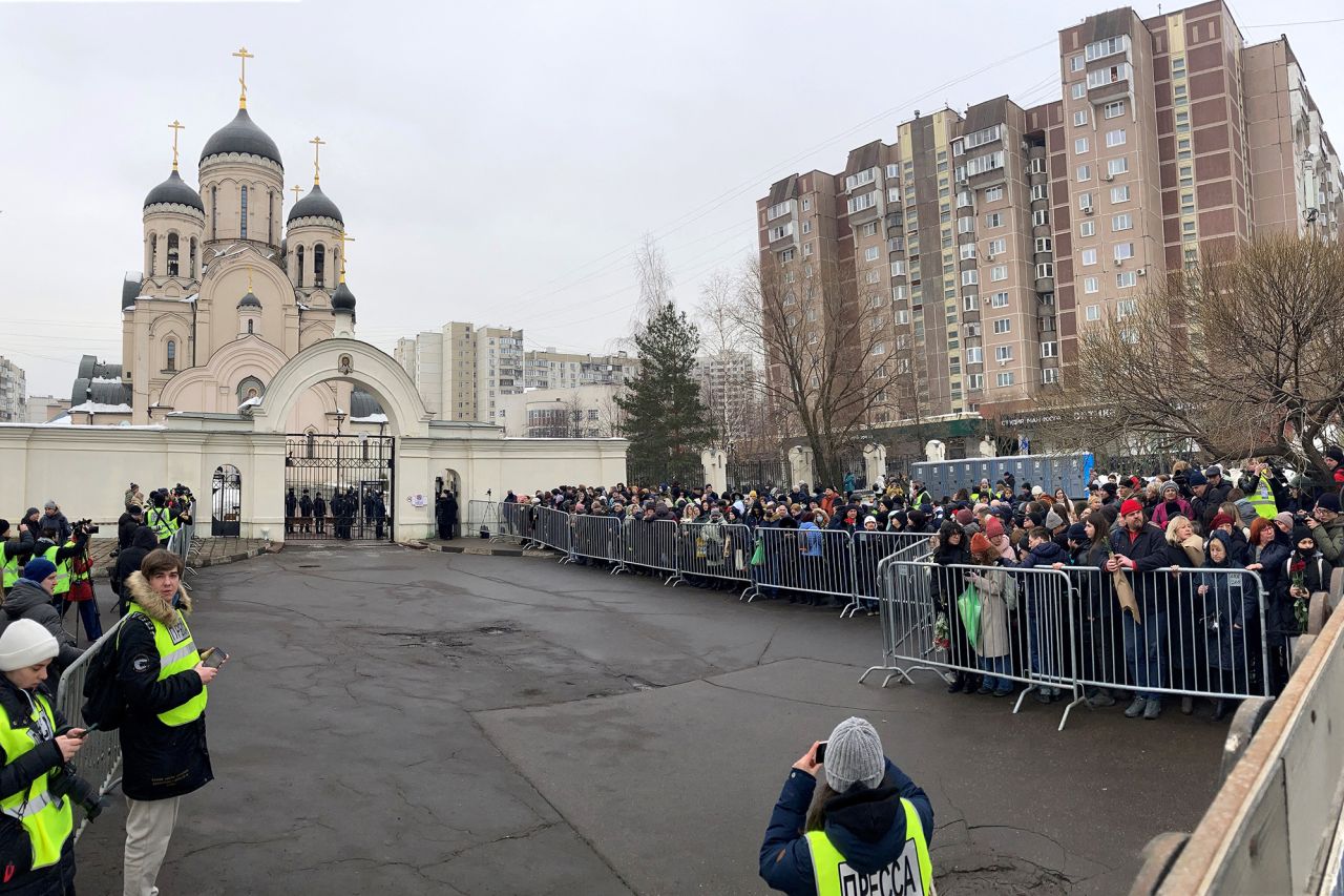 Mourners gather in front of the Mother of God Quench My Sorrows church ahead of a funeral service for Alexey Navalny, in Moscow, Russia, on March 1.