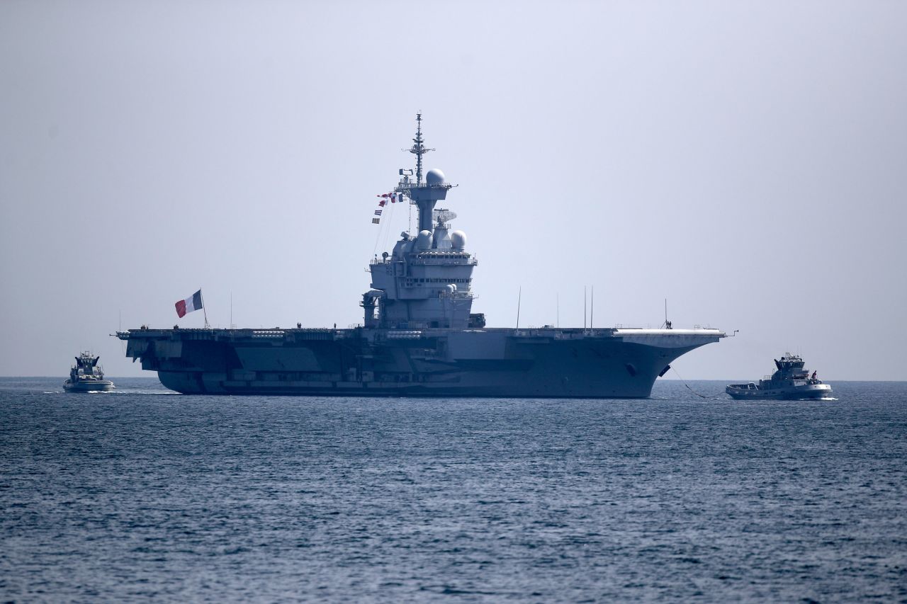 The French aircraft carrier Charles de Gaulle arrives in the bay of Toulon, France, on April 12.