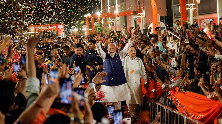 Indian Prime Minister Narendra Modi gestures as he arrives at Bharatiya Janata Party (BJP) headquarters in New Delhi, India, on June 4.