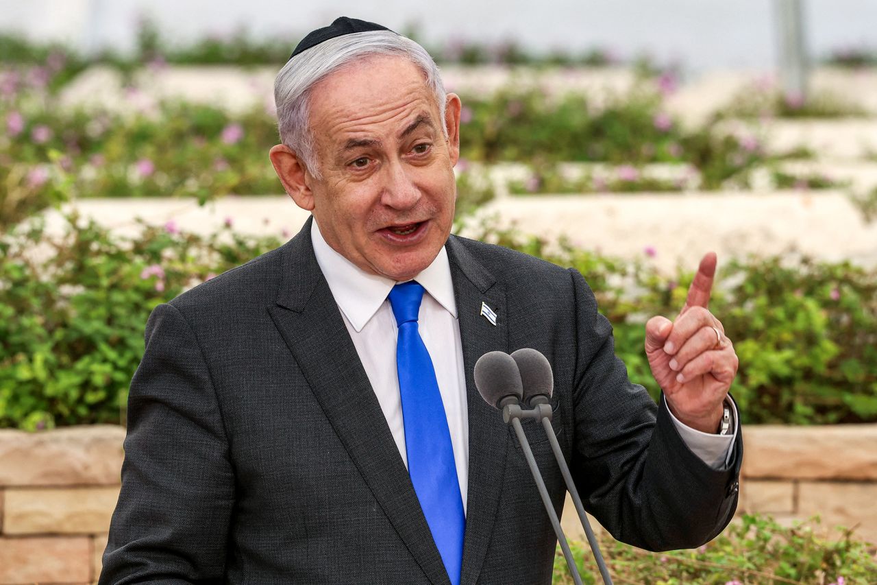 Israeli Prime Minister Benjamin Netanyahu speaks during a state memorial ceremony for the victims of the 1948 Altalena affair, at Nachalat Yitzhak cemetery in Tel Aviv, Israel, on June 18.