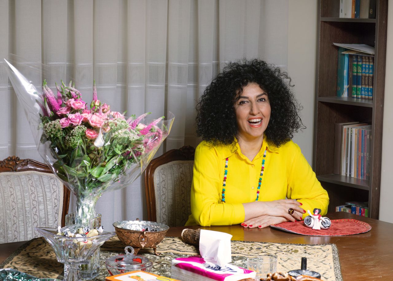 Narges Mohammadi is pictured at home in Iran during a stint out of prison on medical furlough.