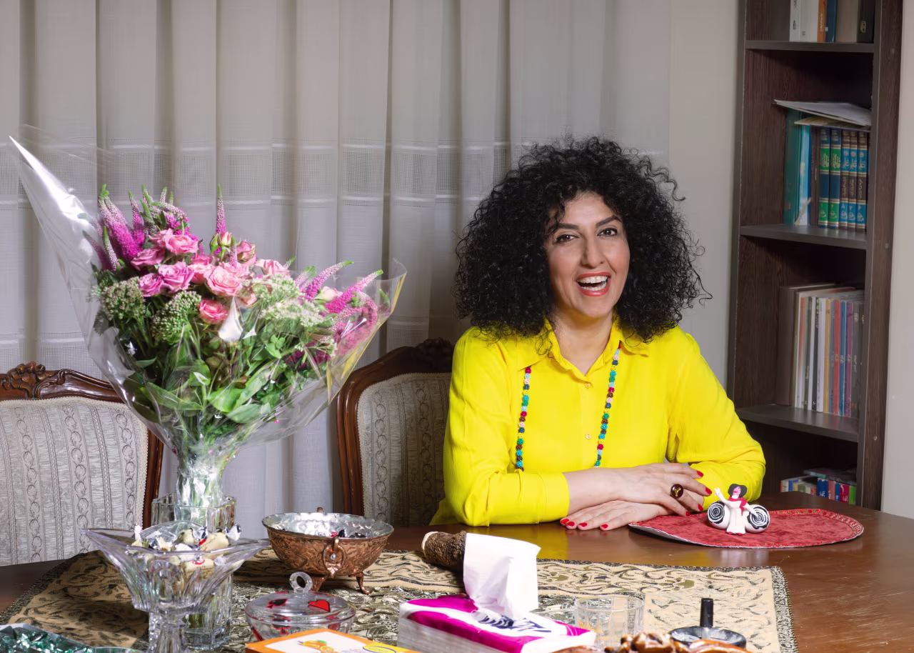 Narges Mohammadi is pictured at home in Iran during a stint out of prison on medical furlough.
