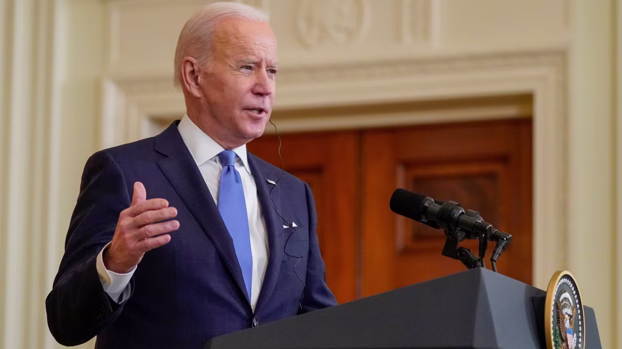 President Joe Biden speaks during a joint news conference with German Chancellor Olaf Scholz in the East Room of the White House on February 7 in Washington, DC.