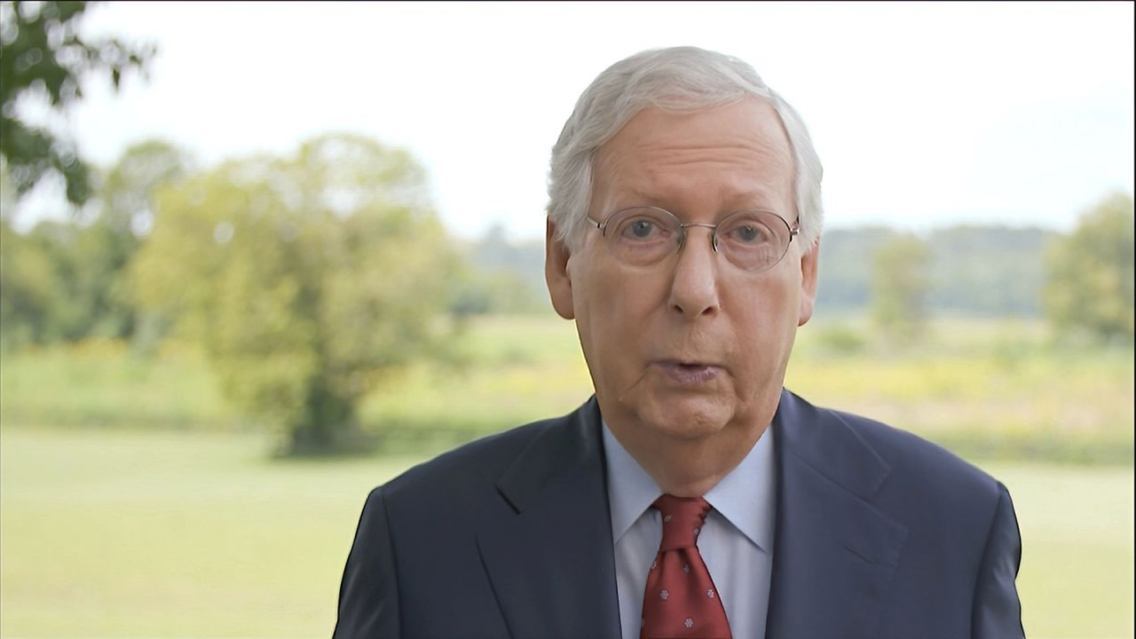 In this image from video, Senate Majority Leader Mitch McConnell of Kentucky speaks during the fourth night of the Republican National Convention on Thursday Aug. 27.