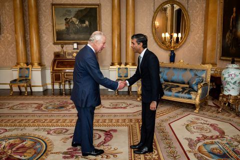 King Charles III meets with Rishi Sunak at Buckingham Palace in London Tuesday.