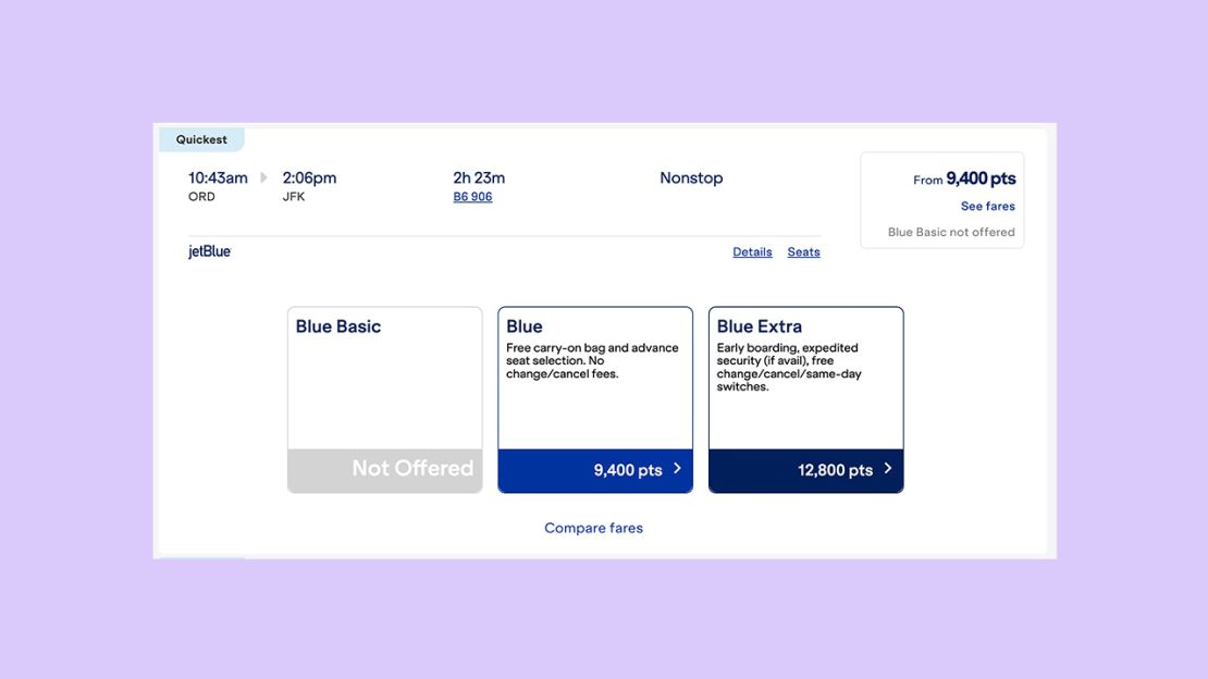 A screenshot of a JetBlue award itinerary from Chicago to New York