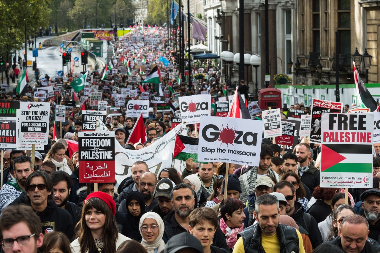 People gather for a pro-Palestinian demonstration in London on October 21. 