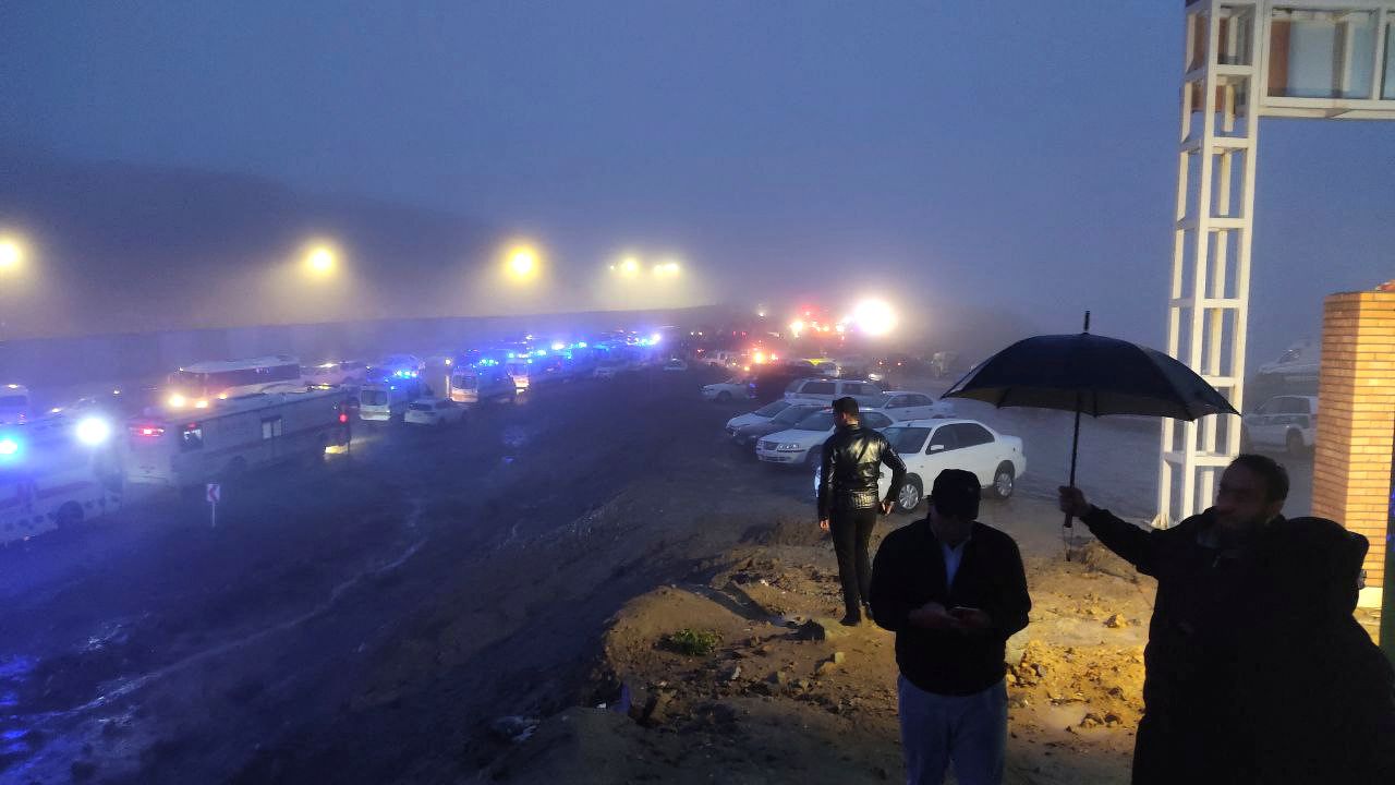 Rescue vehicles are seen following the crash of a helicopter carrying Iran's President Ebrahim Raisi in Varzaqan, East Azerbaijan Province, Iran, on May 19. This third-party photo was provided by Moj News Agency and West Asia News Agency.