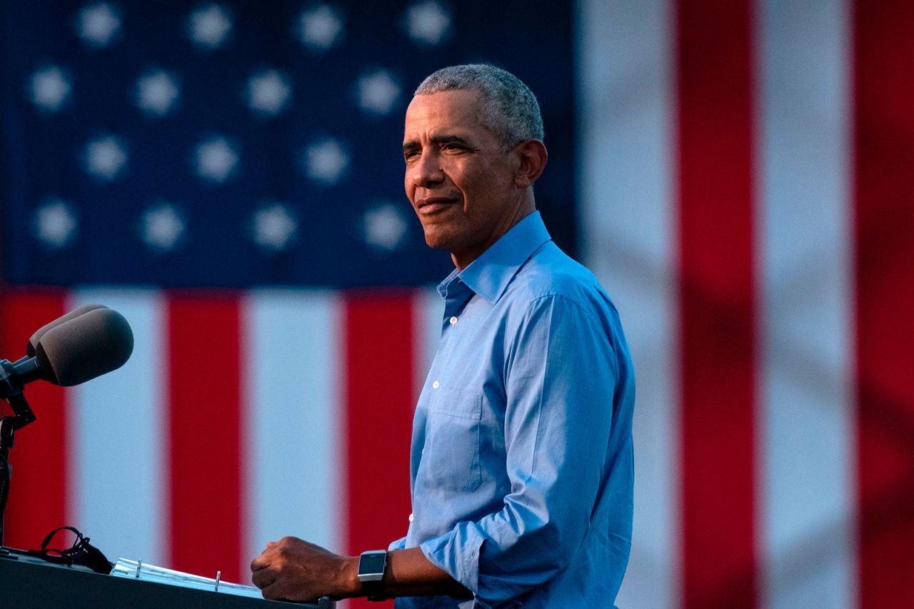 Former US President Barack Obama arrives to address Biden-Harris supporters during a drive-in rally in Philadelphia, Pennsylvania on October 21.