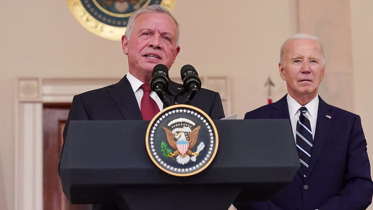 Jordan's King Abdullah delivers remarks during a press conference with US President Joe Biden at the White House on Monday, February 12.