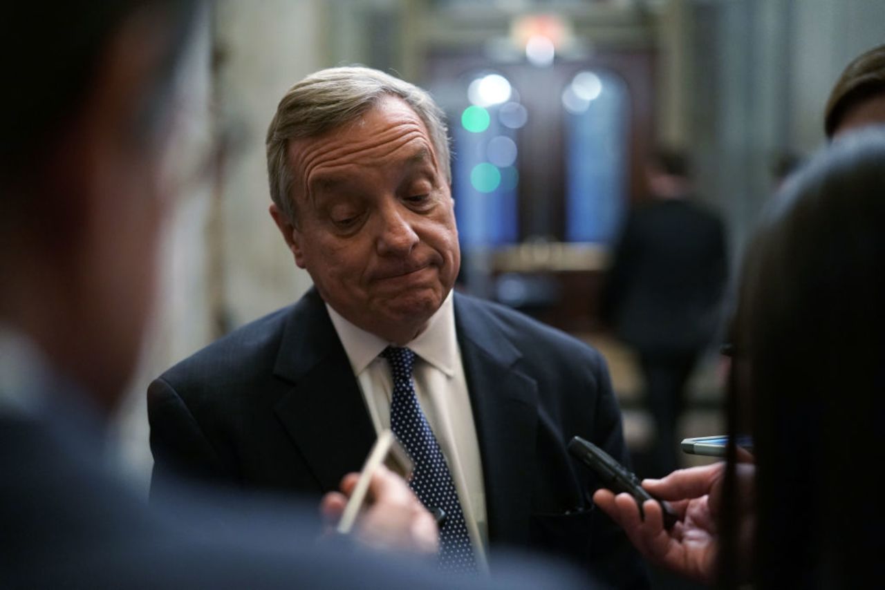 Senate Minority Whip Sen. Richard Durbin (D-IL) reacts as he speaks to members of the media after he returned to the US Capitol from a meeting at the White House Jan. 9, 2019 in Washington, DC.  