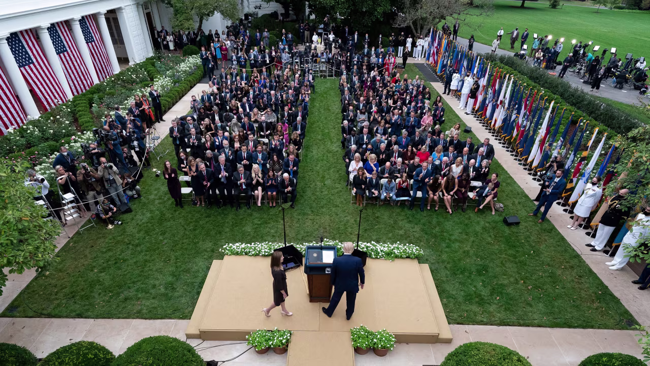 President Donald Trump announces Judge Amy Coney Barrett as his nominee to the Supreme Court at the White House on September 26 in Washington, DC. 
