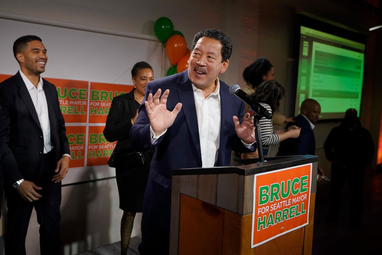 Bruce Harrell speaks to supporters, Tuesday, November 2, on election night in Seattle. 