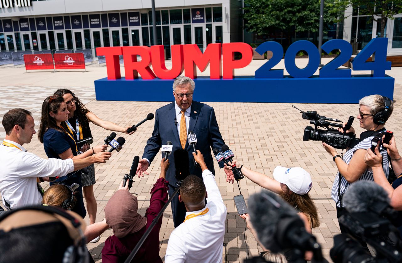 Wisconsin Republican Party Chairman Brian Schimming speaks to members of the media ahead of the Republican National Convention in Milwaukee on Sunday, July 14. 