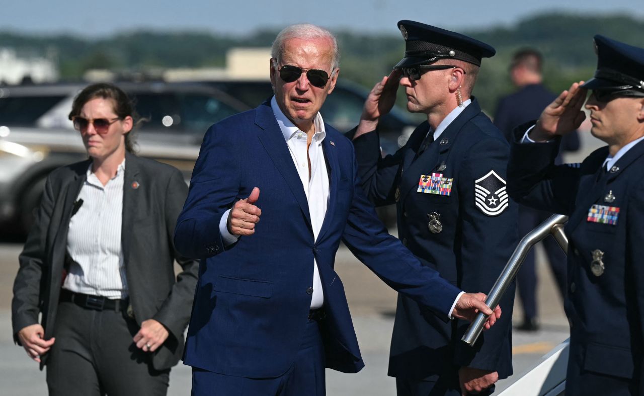 President Joe Biden gives a thumbs-up as he boards Air Force One at Harrisburg International Airport in Harrisburg, Pennsylvania, on July 7. 