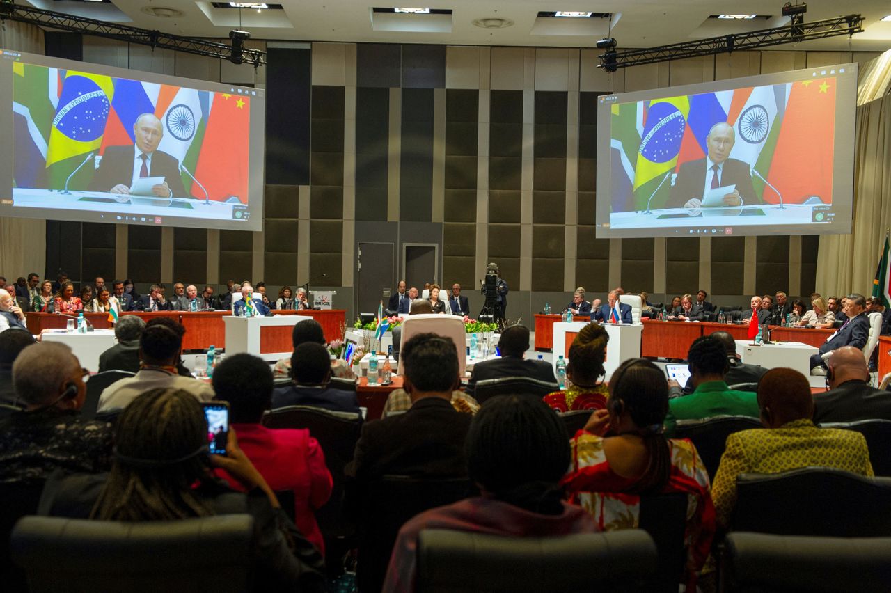 Russian President?Putin?attends?a BRICS?summit in Johannesburg, South Africa, via video link on August 23.