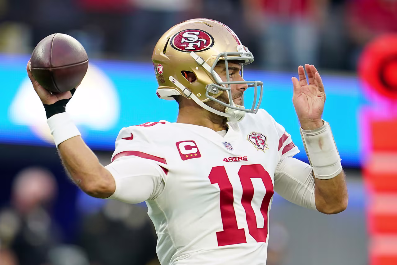 San Francisco 49ers' Jimmy Garoppolo throws during the first half of the NFC Championship NFL football game on Sunday.