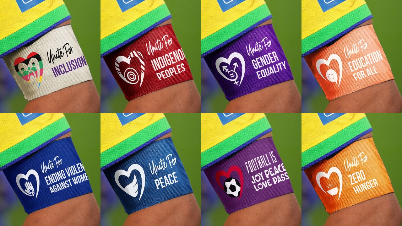 A combination mock-up picture shows the armbands that FIFA says team captains will be permitted to wear during the 2023 FIFA Women's World Cup, in this undated handout image released on June 30, 2023.
