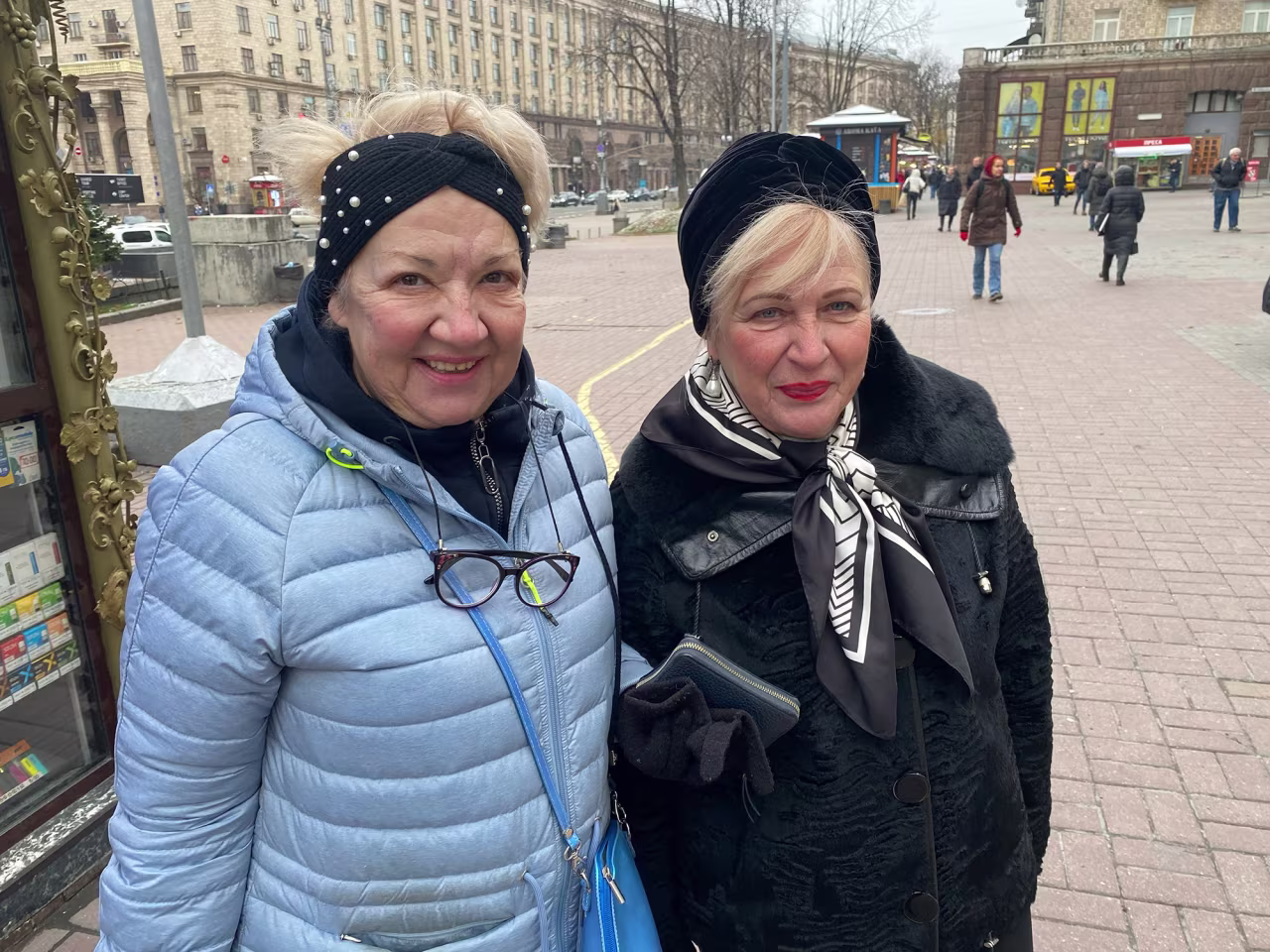 Elena Khaykina, 63, and Larisa Polyakova, 66, are pensioners displaced from Kharkiv who have been living in Kyiv for the past three months. 