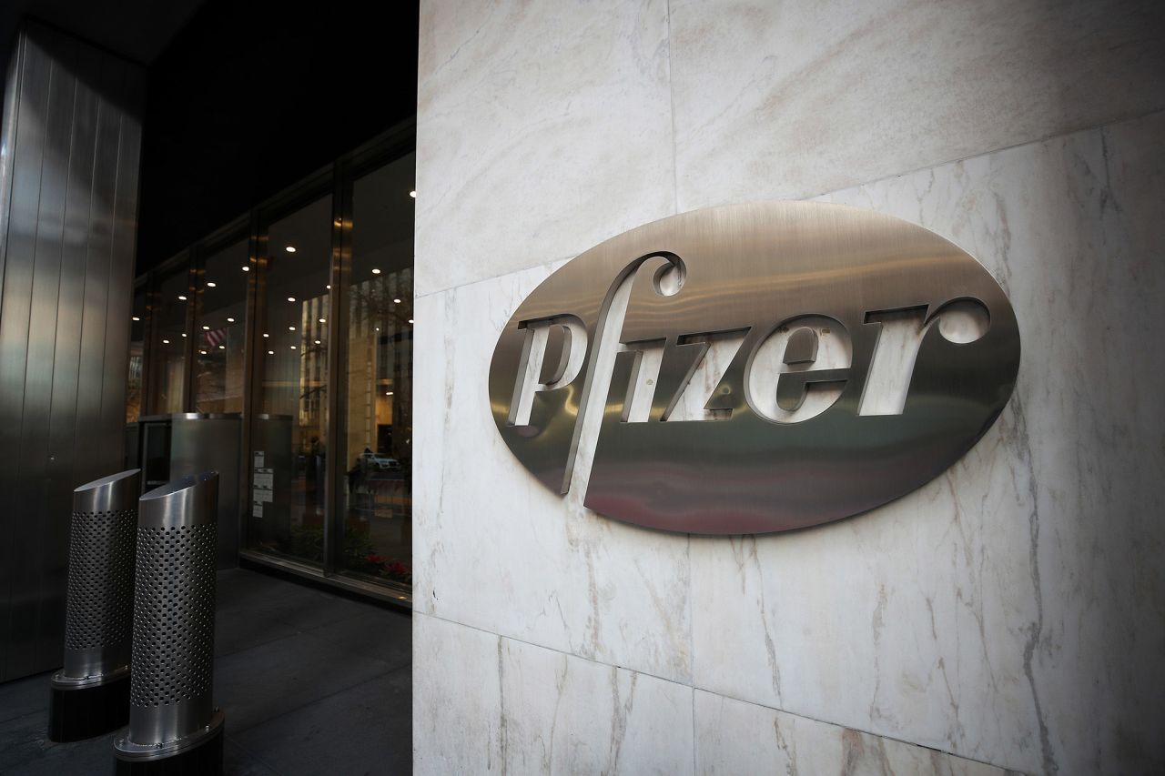 The logo of Pfizer is seen on their headquarters in Manhattan, New York on November 19. 