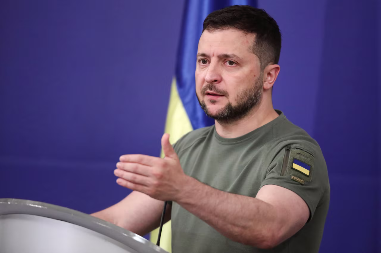 Ukraine's President Volodymyr Zelensky speaks at the Bulgarian government building in Sofia, Bulgaria, on July 6.