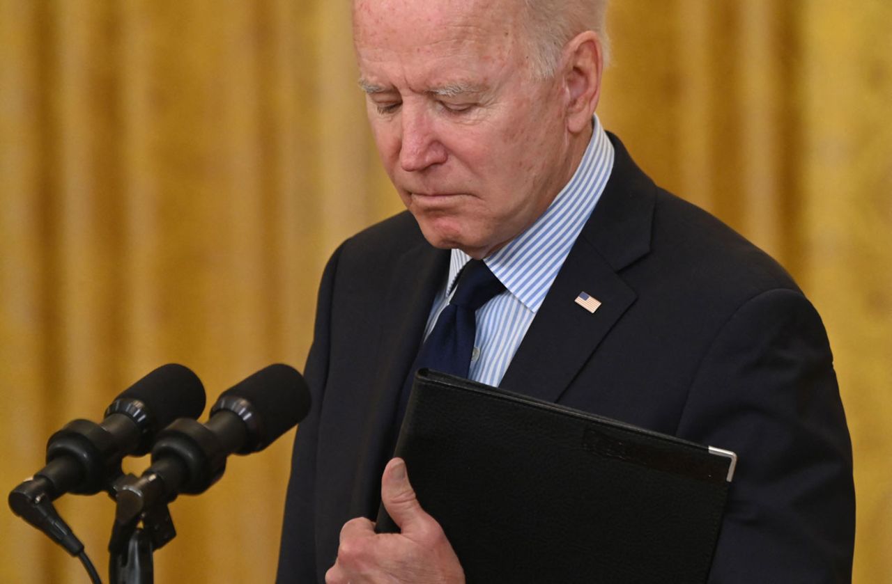 US President Joe Biden pauses as he speaks about the April jobs report in the East Room of the White House on May 7.