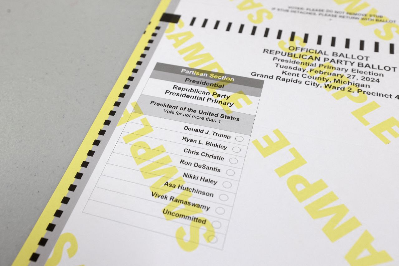 A sample ballot for the Republican party presidential primary is seen in Grand Rapids, Michigan, on Tuesday.