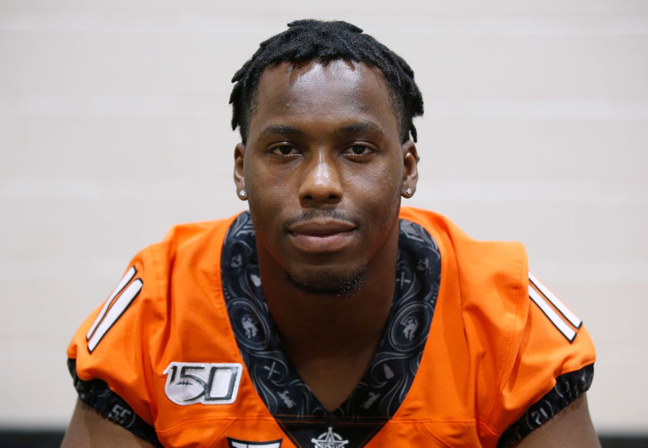 Oklahoma State linebacker Amen Ogbongbemiga during a media day in Stillwater, Oklahoma, in 2019.