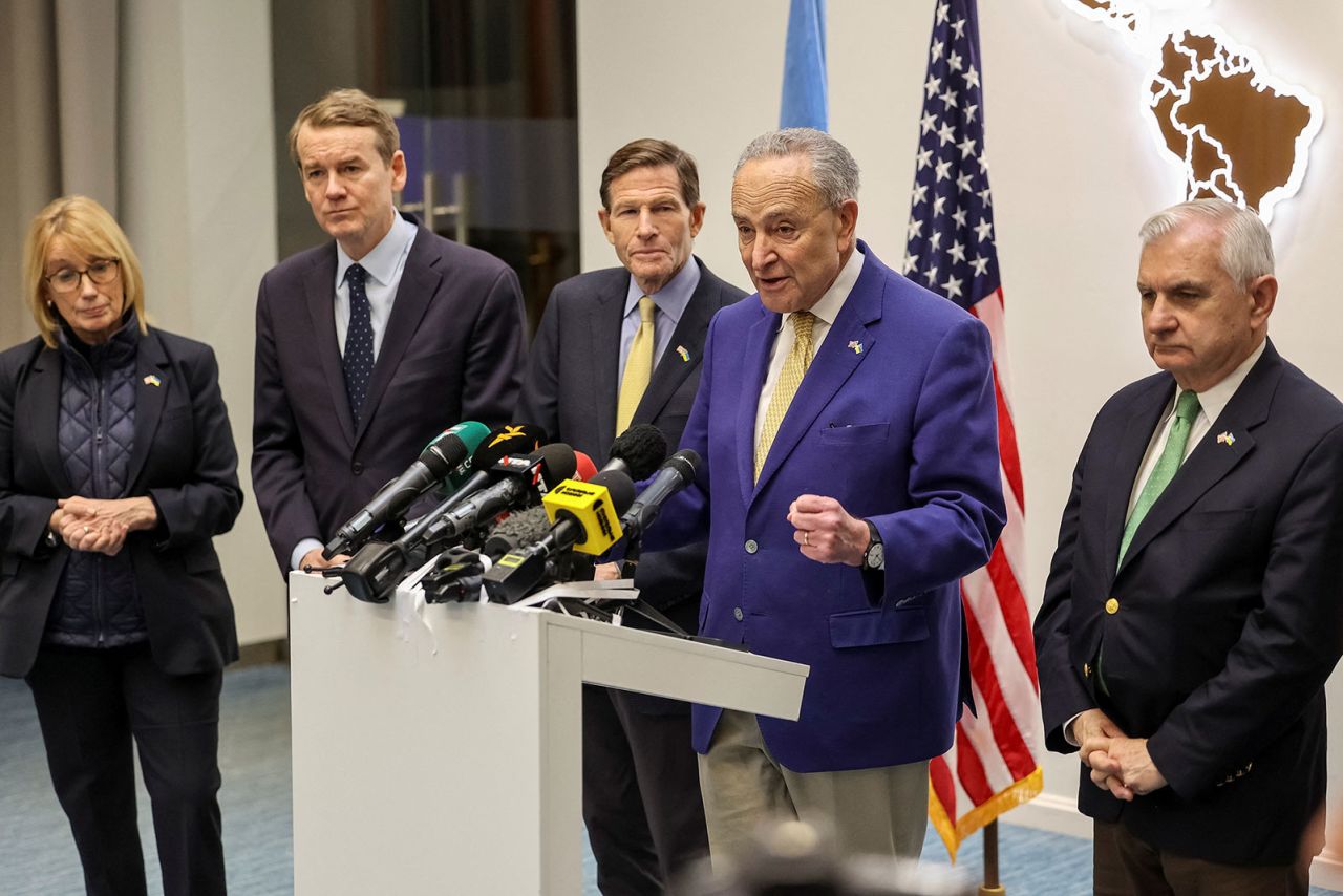 US Senate Majority Leader Chuck Schumer speaks during a press conference in Lviv, Ukraine, on Friday.