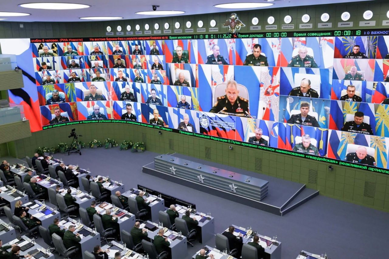 Russian Defence Minister Sergei Shoigu appears on a screen as he chairs a meeting at the National Defence Control Centre in Moscow,?Russia, on?November 1.