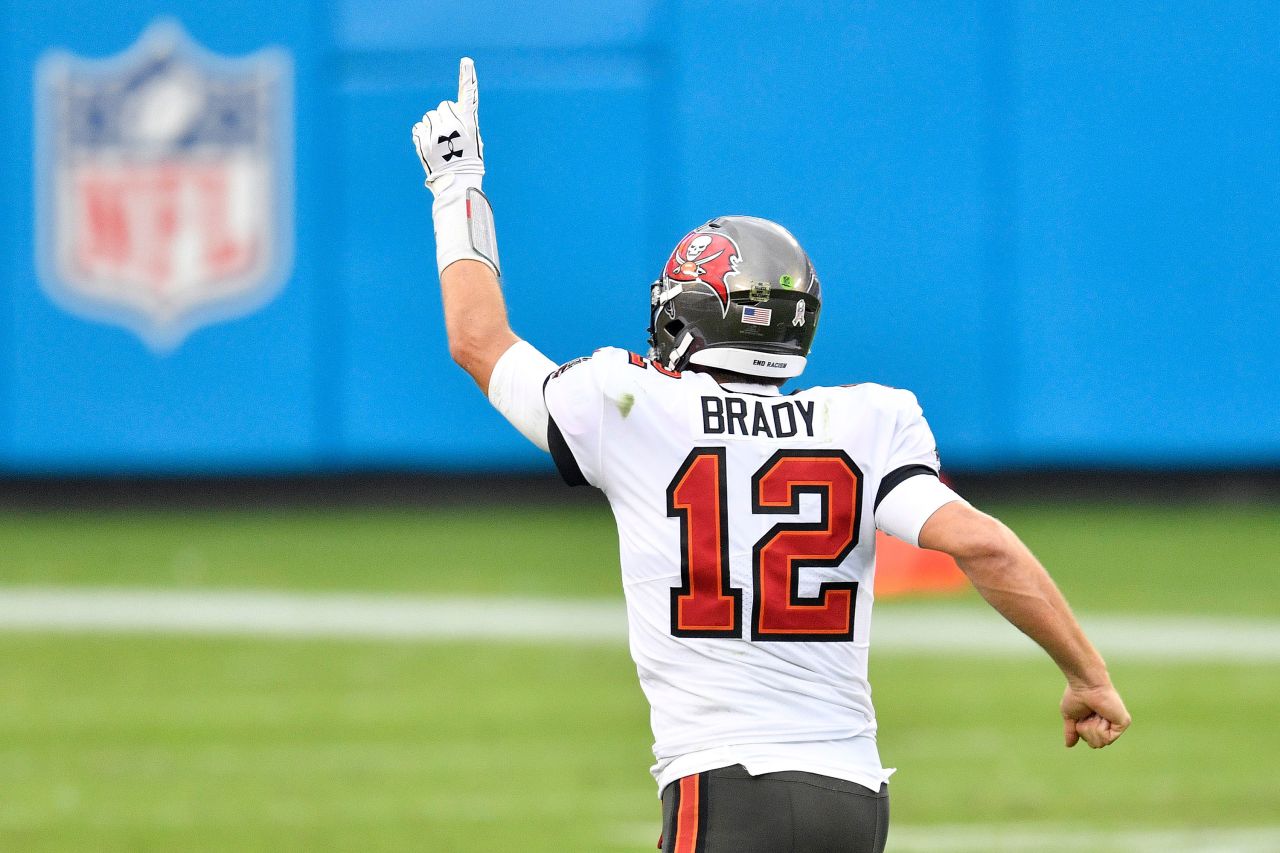 Tom Brady celebrates after a 98-yard touchdown?run in November 2020.
