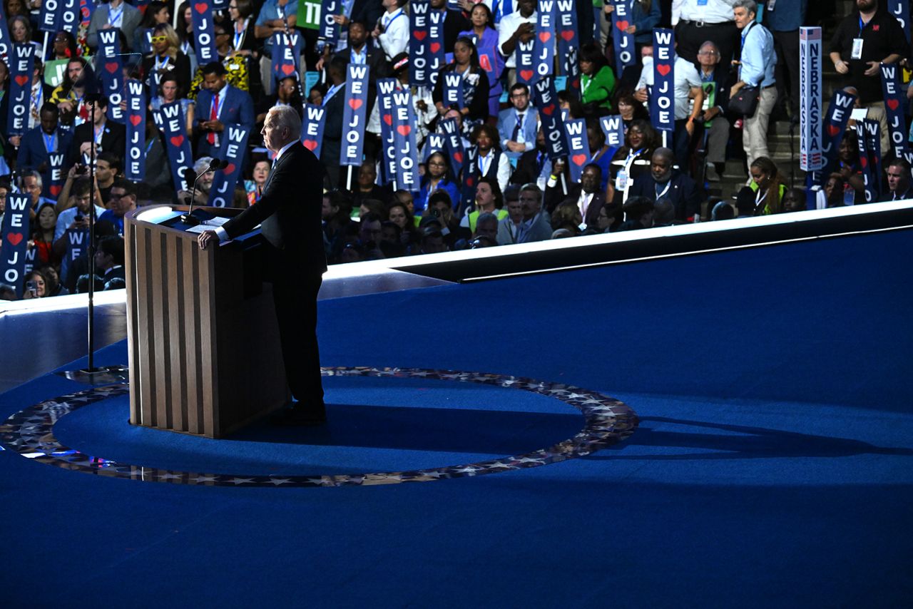 President Joe Biden gives remarks during the DNC on Monday, August 19, in Chicago.