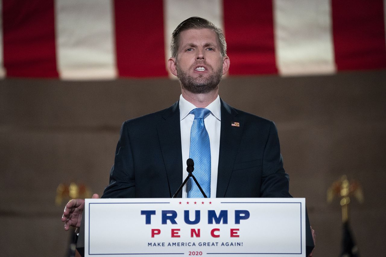 Eric Trump, son of U.S. President Donald Trump, pre-records his address to the Republican National Convention at the Mellon Auditorium on August 25 in Washington.